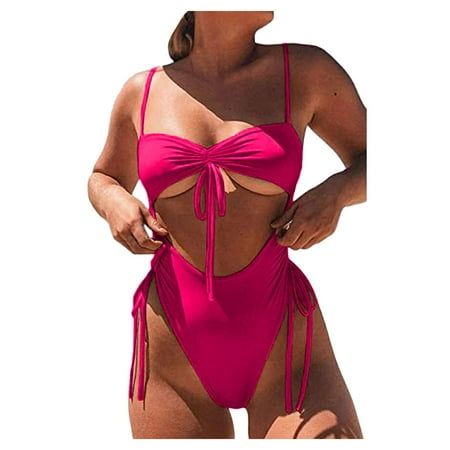 KaLI_store Swimsuit Women Women V Neck One Piece Swimsuit Halter Backless Ruched Tummy Control Bathing Suit Hot Pink L