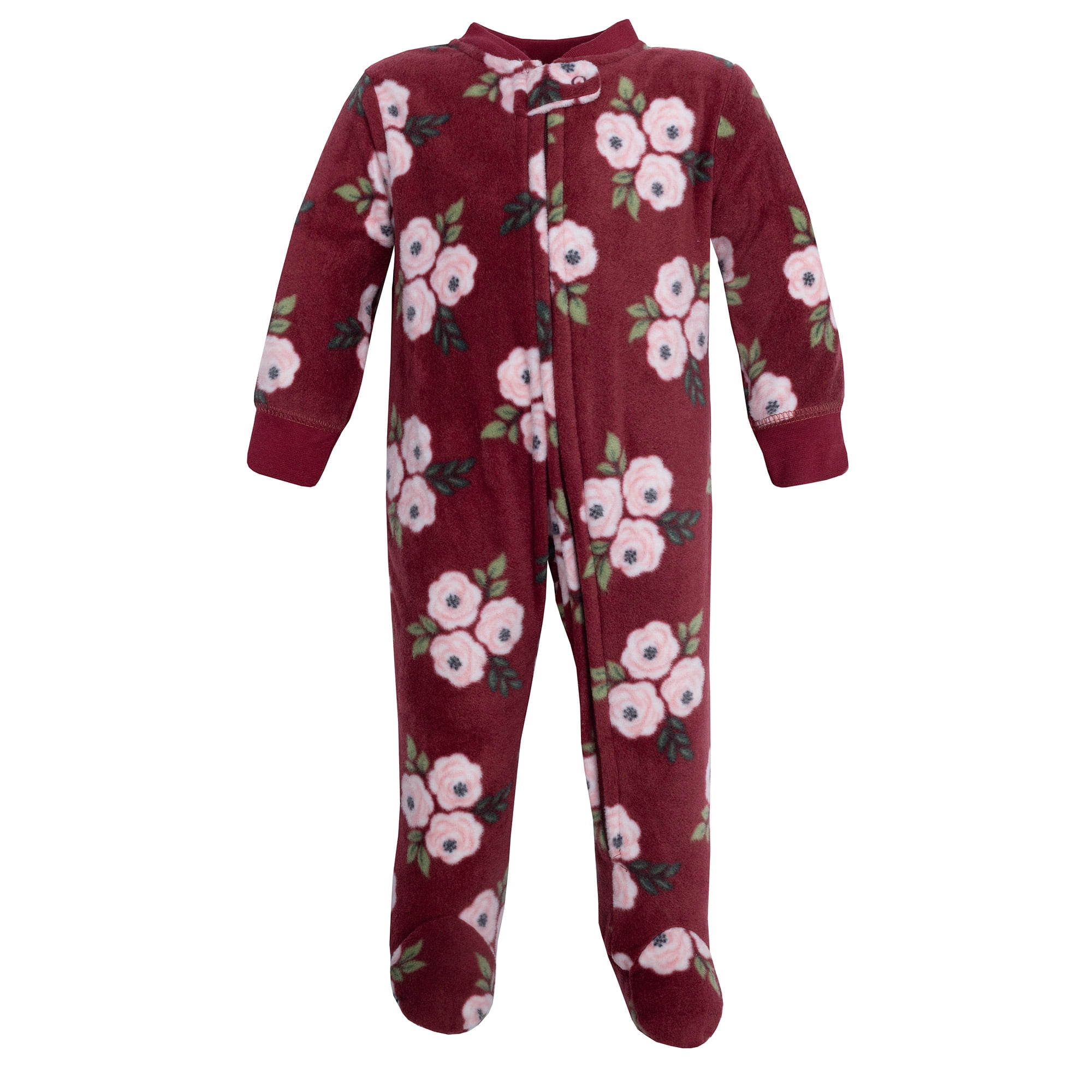 Hudson Baby Infant Girls Fleece Sleep and Play, Burgundy Floral, 0-3 Months