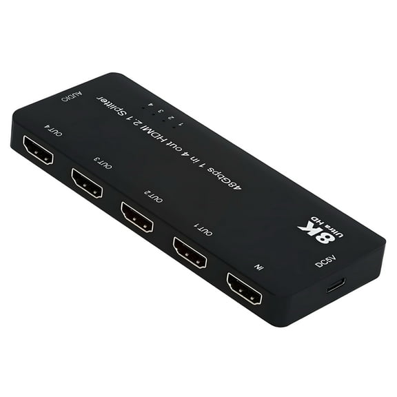 JSER HDMI Splitter 8K 60hz Ultra-HD Converter Compatible 2.1 Switch 1-IN-4-OUT 48Gbps UHD Hub Support HDCP SST Extended 4K@120hz 3.5mm Audio