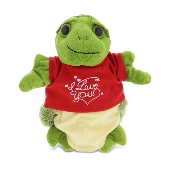 DolliBu I LOVE YOU Super Soft Plush Sea Turtle Hand Puppet - Stuffed Animal with Red Shirt For Valentine, Anniversary, Romantic Date, Cute Ocean Life Plush Toy Gift For Boyfriend or Girlfriend - 10"