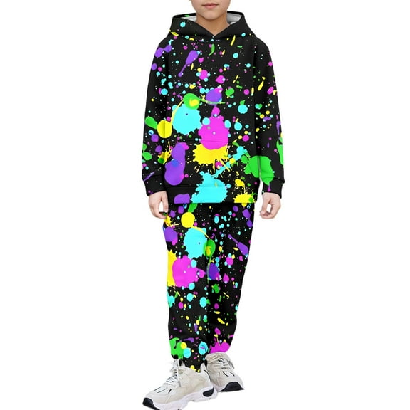 Utlike Boys Hooded Print Outfits Sets Long Sleeve Casual Tracksuit For Toddler Kids Comfortable Pullover Jogger Pants Two Piece Size 2 Years-3 Years Multicolour