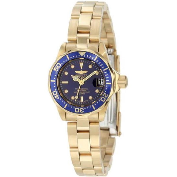 Womens Pro Diver Gold Tone Stainless Steel Case and Bracelet Blue Tone Dial Quartz Watch