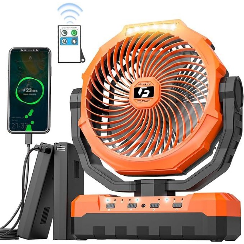 3-in-1 Camping Fan - Portable Fan Rechargeable - 24000mAh/12000mAh 9-Inch Battery Powered Fan(140Hrs/70Hrs) - USB Fan with Light & Remote for Indoor, Outdoor, Tent, Travel, BBQ, Fishing, Jobsite