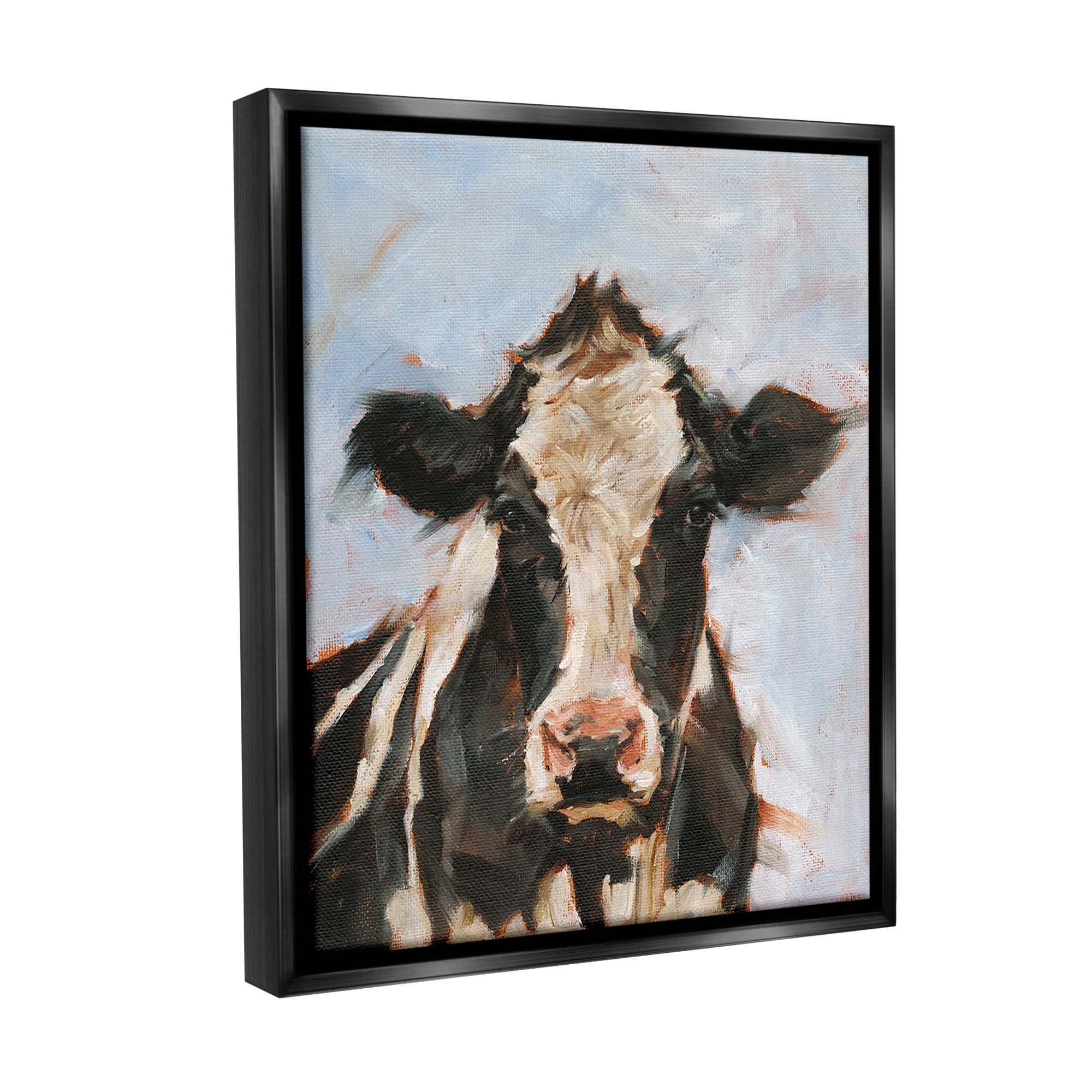 Stupell Industries Expressive Cow Portrait Animals & Insects Painting Black Floater Framed Canvas Art Print Wall Art, 25 x 31