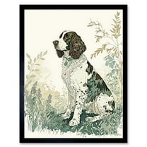 English Springer Spaniel Dog in Field Modern Pastel Watercolour Illustration Art Print Framed Poster Wall Decor 12x16 inch