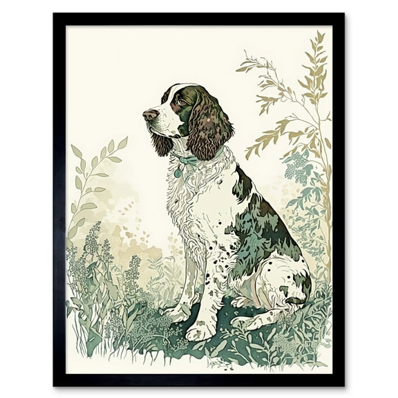 English Springer Spaniel Dog in Field Modern Pastel Watercolour Illustration Art Print Framed Poster Wall Decor 12x16 inch