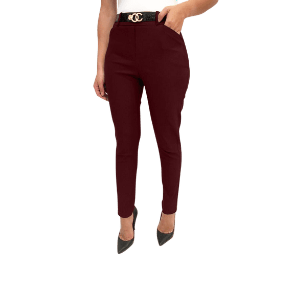 Obadiah Collection Stretchy Pull on Pants for Women with Pockets and Belt(Burgundy, Meduim)