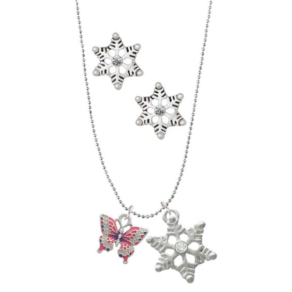 Delight Jewelry Silvertone Small Hot Pink & Purple Butterfly Silver tone Snowflake Charm Necklace and Stud Earrings