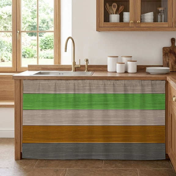 Farmhouse Cabinet Curtains for Kitchen 28"W x 51"L, Gradient Color Geometric Beige Brown Gray Wood Grain Under Sink Skirt Magic Tape Short Curtain Decorative Privacy Panel for Pantry Cabinet Opening