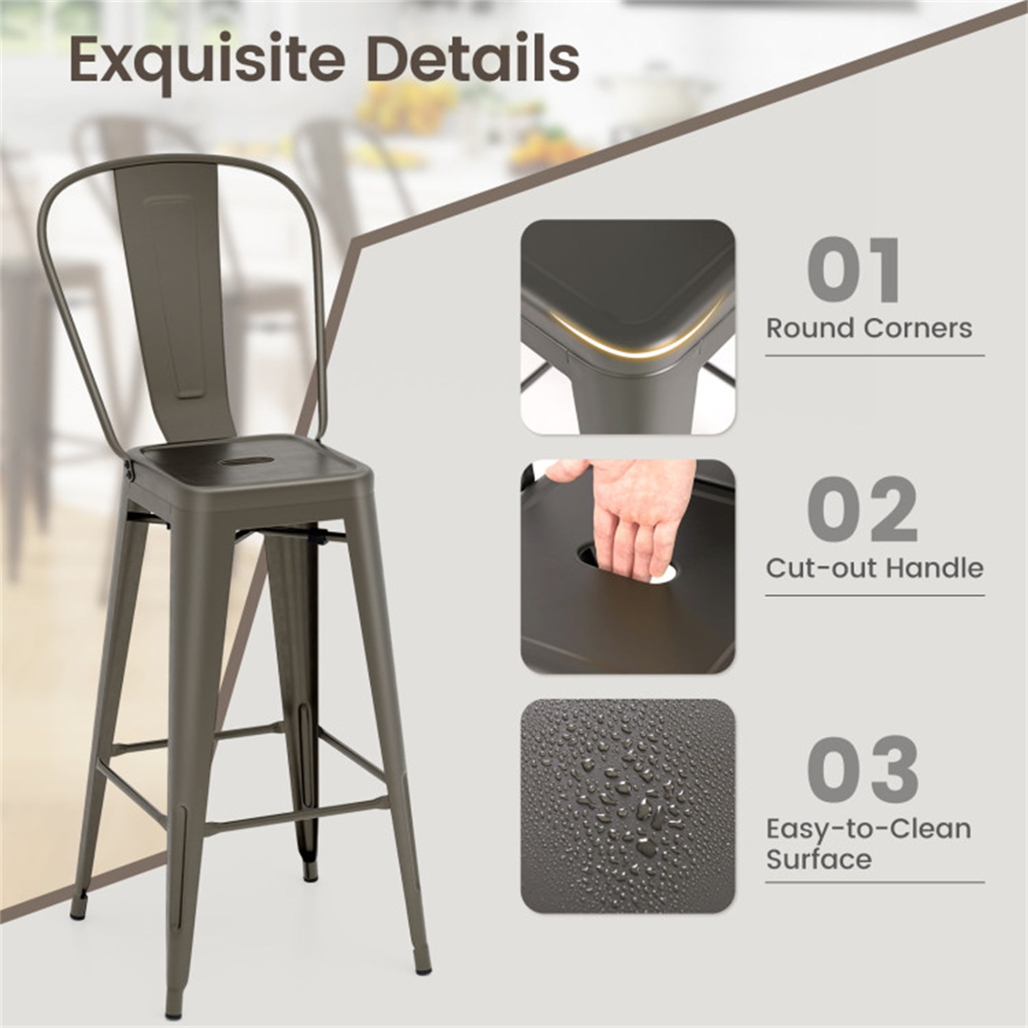 Demi Bonn 30" Height Set of 4 High Back Metaldustrial Bar Stools, Modern Dining Chair with Backrests, Brown