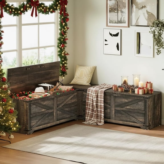 DWVO L-Shaped Storage Bench, 18" High Corner Dining Bench with Safety Hinges, Wooden Nook Chest for Living Room, Bedroom