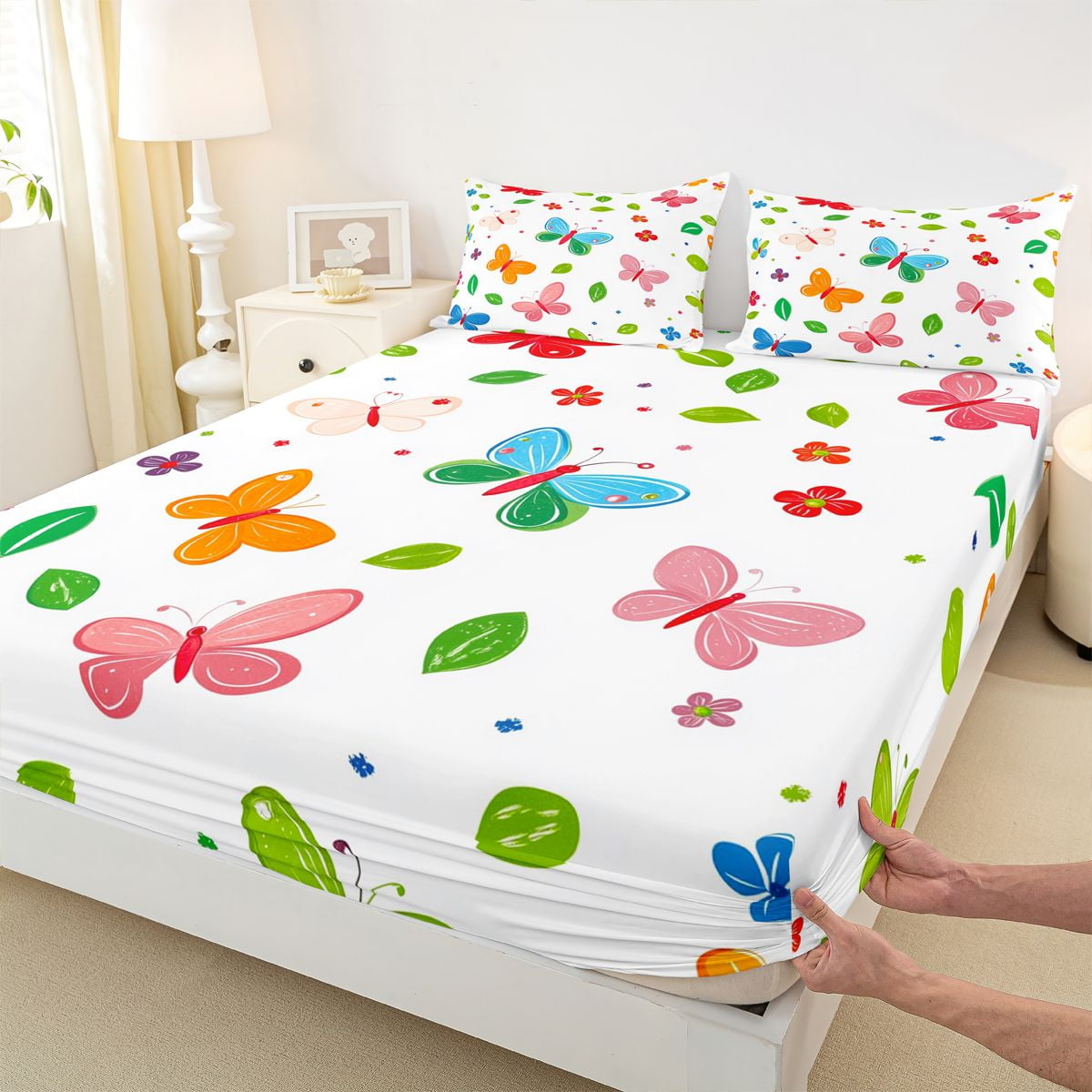 Homewish Chic Butterflies Queen Sheet Sets,Rustic Leaf Flat Sheet,Colorful Flying Animal Queen Fitted Sheet For Girls Kids,Microfiber Bedroom Decor,4 Pieces