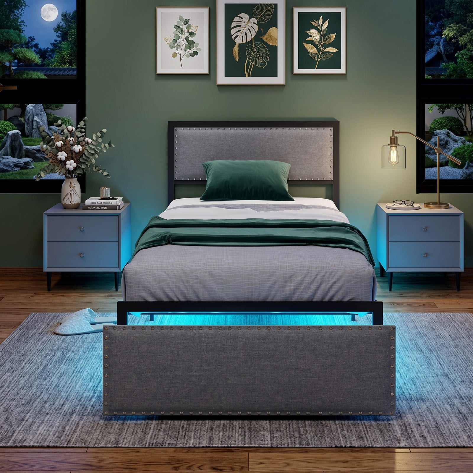 Furnibear Queen Bed Frame with Headboard, Metal Platform Bed with Upholstered Headboard, LED Lights and Storage Drawer, No Box Spring Needed, Gray