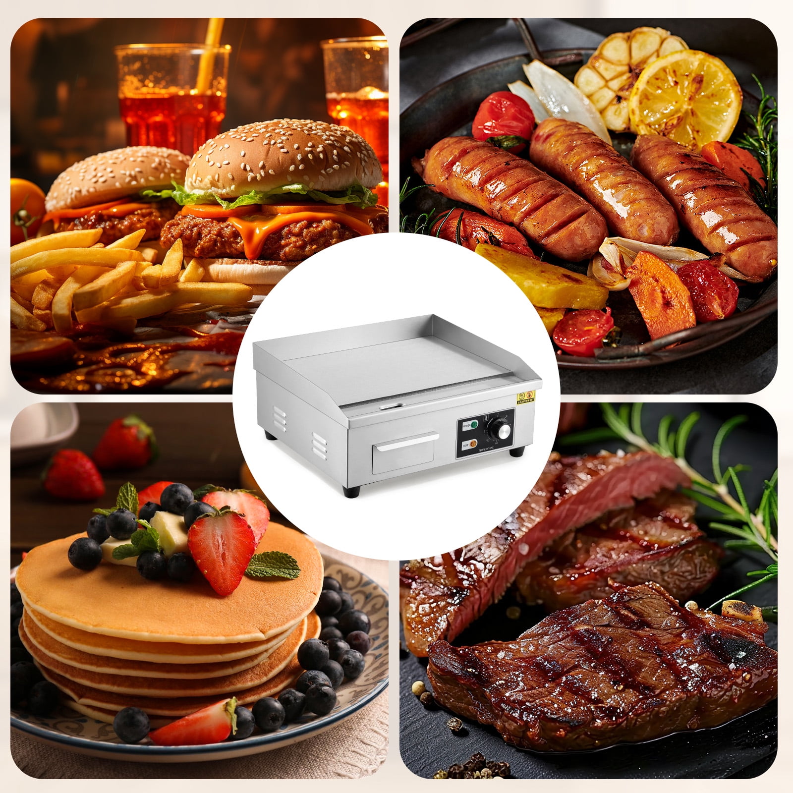 18" Commercial Electric Griddle, 1600W Stainless Steel Flat Top Teppanyaki Grill, Non-Stick, 122-572°F Adjustable Temp, Countertop BBQ, Includes 2 Shovels & 2 Brushes, for Kitchen & Restaurant