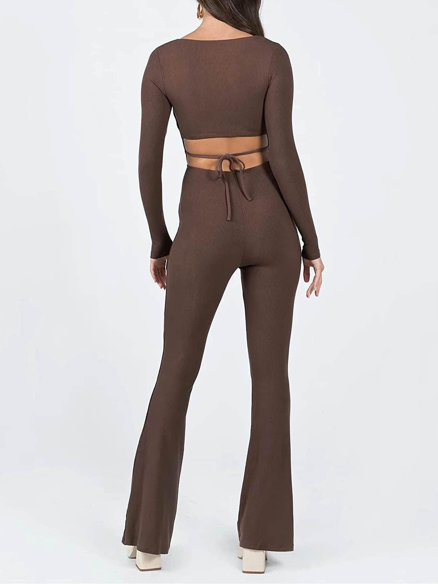 Sunisery Women Sexy Ribbed Yoga Jumpsuit Long Sleeve Square