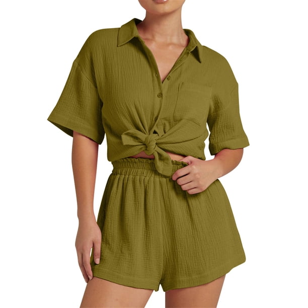 Conjuntos de 2 piezas para mujer: camisa de manga larga con botones y pantalones cortos, pijamas, chándal informal, tallas S-L