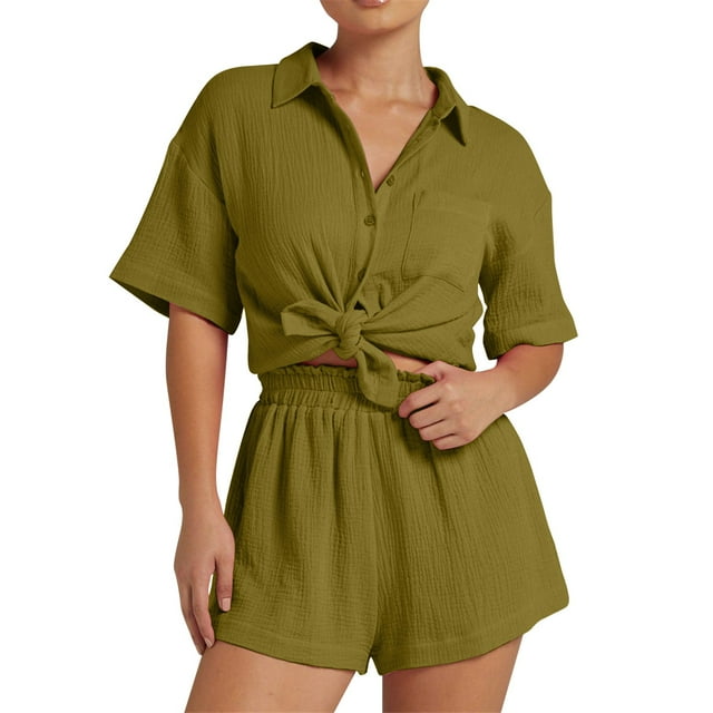 Women's Two Piece Shorts Suit Set Long Sleeve Button Down Shirt with Comfortable Pajama Outfit Fall Casual Tracksuit