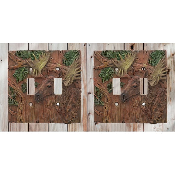 Rustic Western Pine Stag Elk Moose Double Toggle Switch Plate Cover Set Of 2