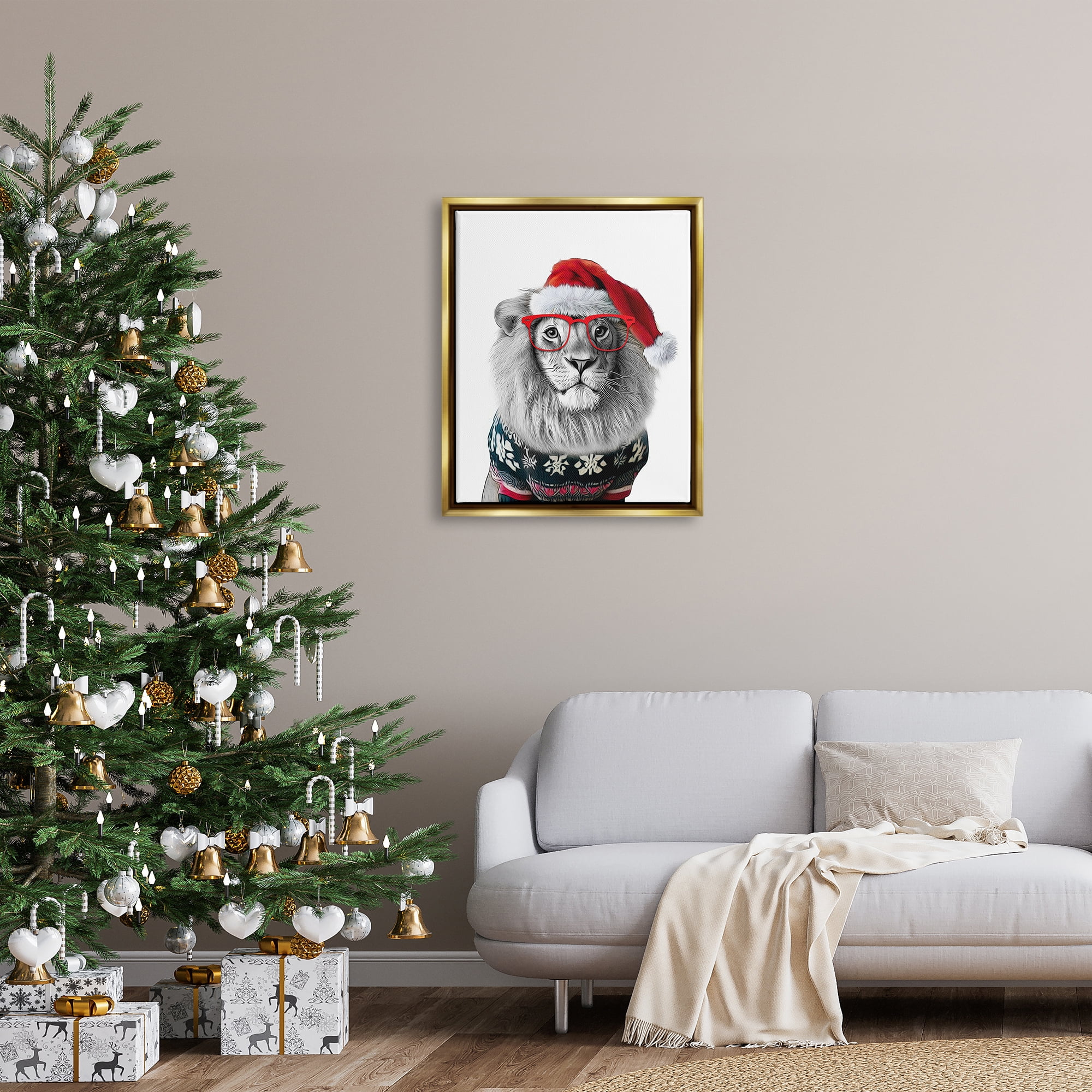Stupell Industries Lion in Christmas Sweater Holiday Painting Gold Floater Framed Canvas Art Print Wall Art, 25 x 31