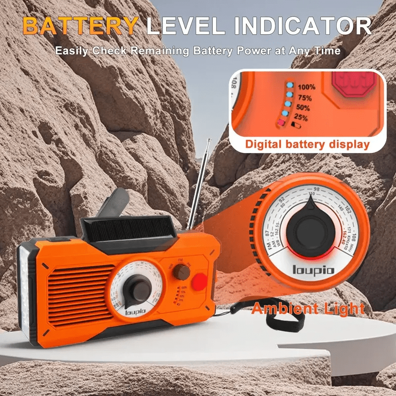 Emergency Radio, AM/FM/WB Weather Radio, 5000mAh Portable Power Bank, USB Solar Hand Crank Charging, Waterproof Flashlight, LED Reading Light, SOS Alarm, Compass, for Camping Hiking Hurricane