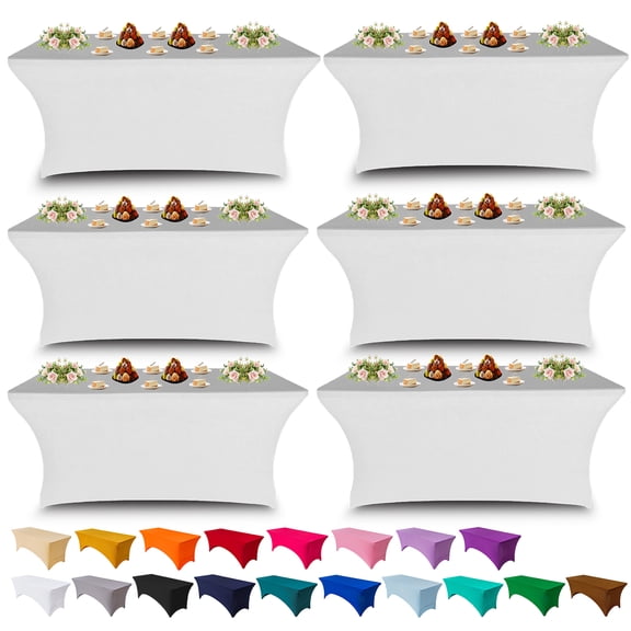 6FT Stretch Spandex Tablecloth Rectangular Fitted Table Cover for Standard Folding Tables, Universal Fit Tablecloth for Wedding, Trade Show, Vendor Stand (White,6-Pack)