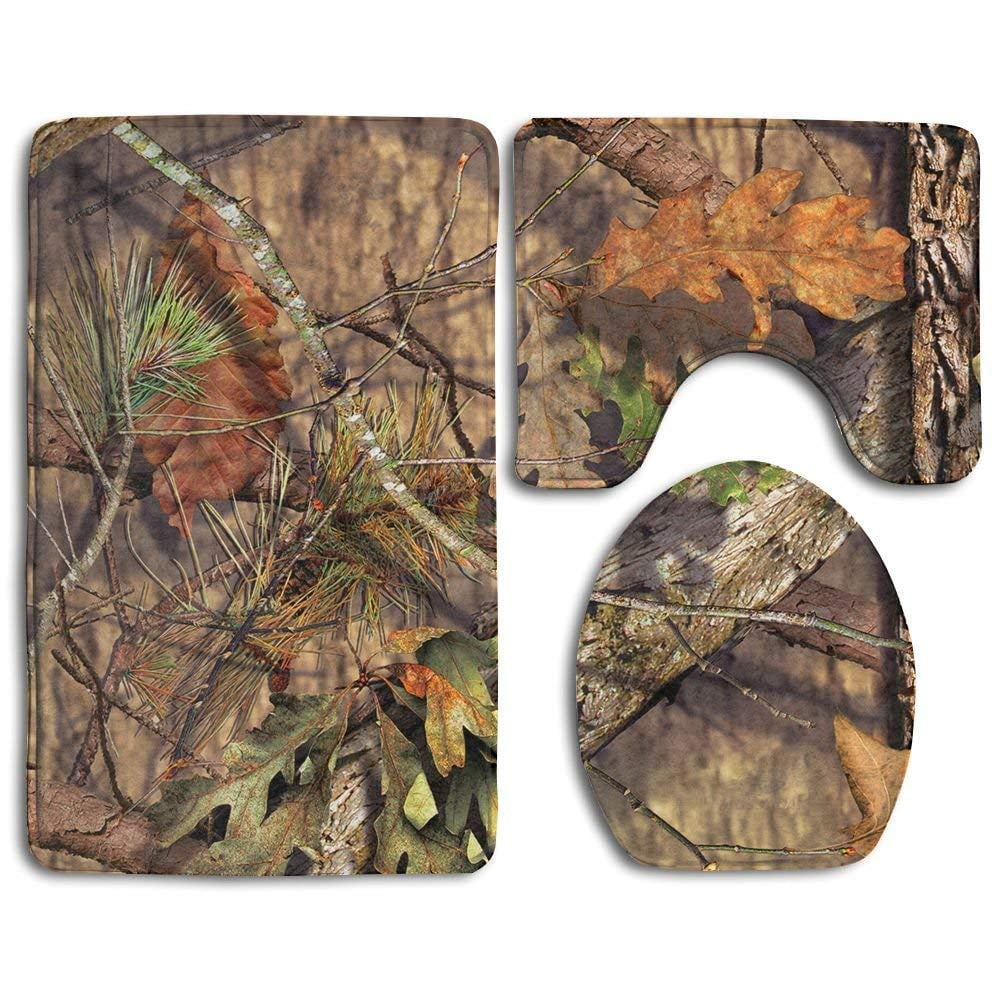 PUDMAD Hunting Camo 3 Piece Bathroom Rugs Set Bath Rug Contour Mat and