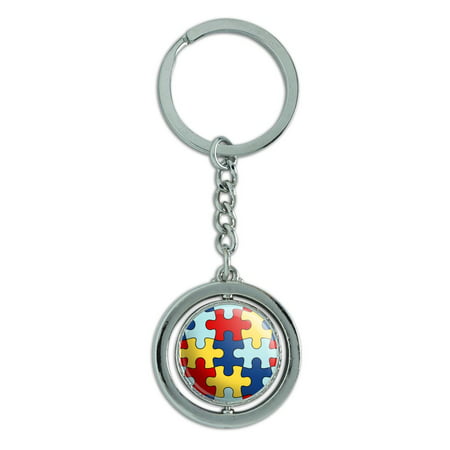 Autism Awareness Diversity Puzzle Pieces Spinning Round Chrome Plated Metal Keychain Key Chain