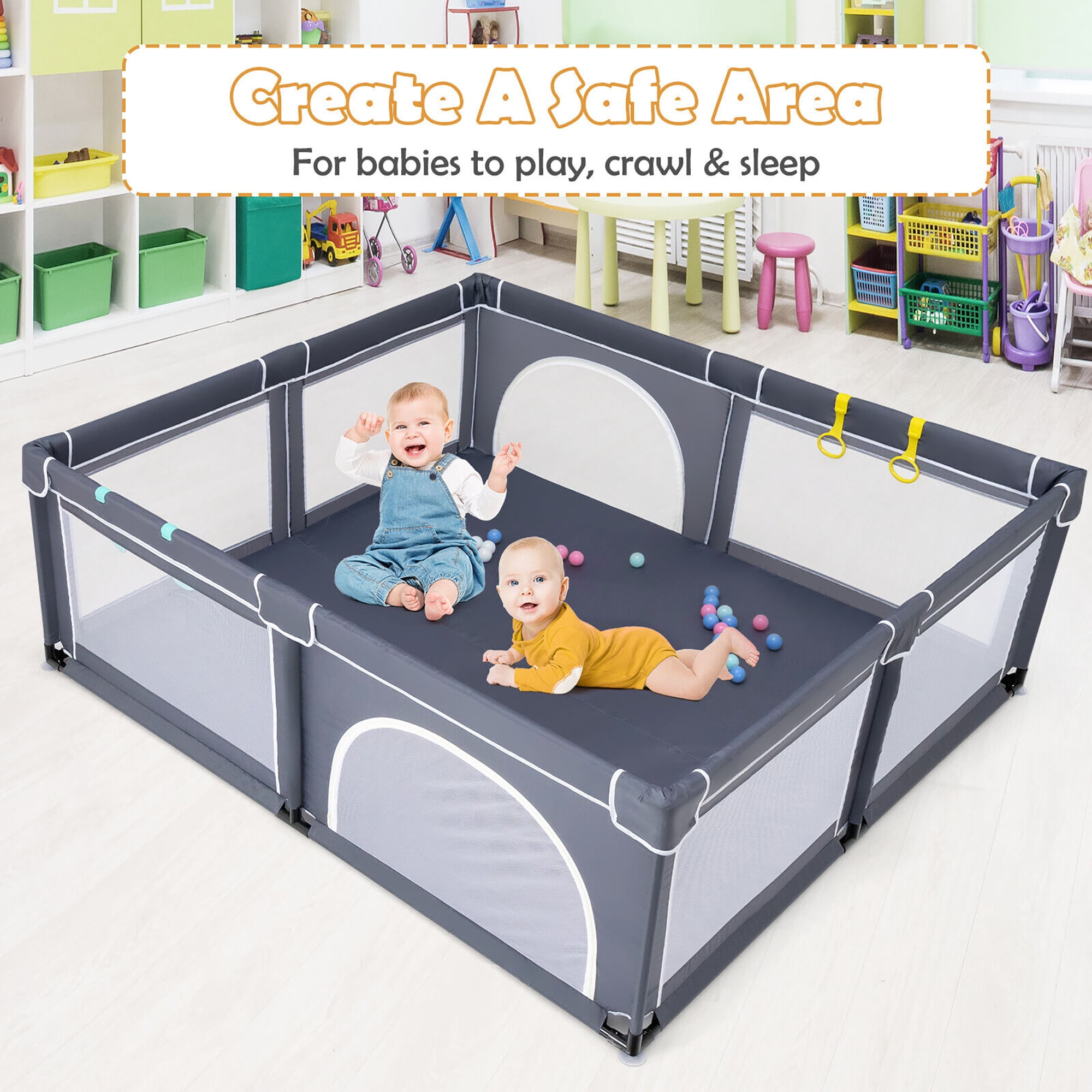 Gymax Extra Large Baby Playpen Safety Baby Play Yard w/ 50 Ocean Balls & 4 Handles Dark Grey