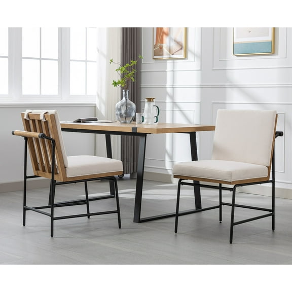 Dayalane Modern Dining Chair Set of 2, Linen Upholstered Armless Side Chairs, Comfy Kitchen Chairs with Rear Handle and Metal Legs for Dining Room Living Room Kitchen, White