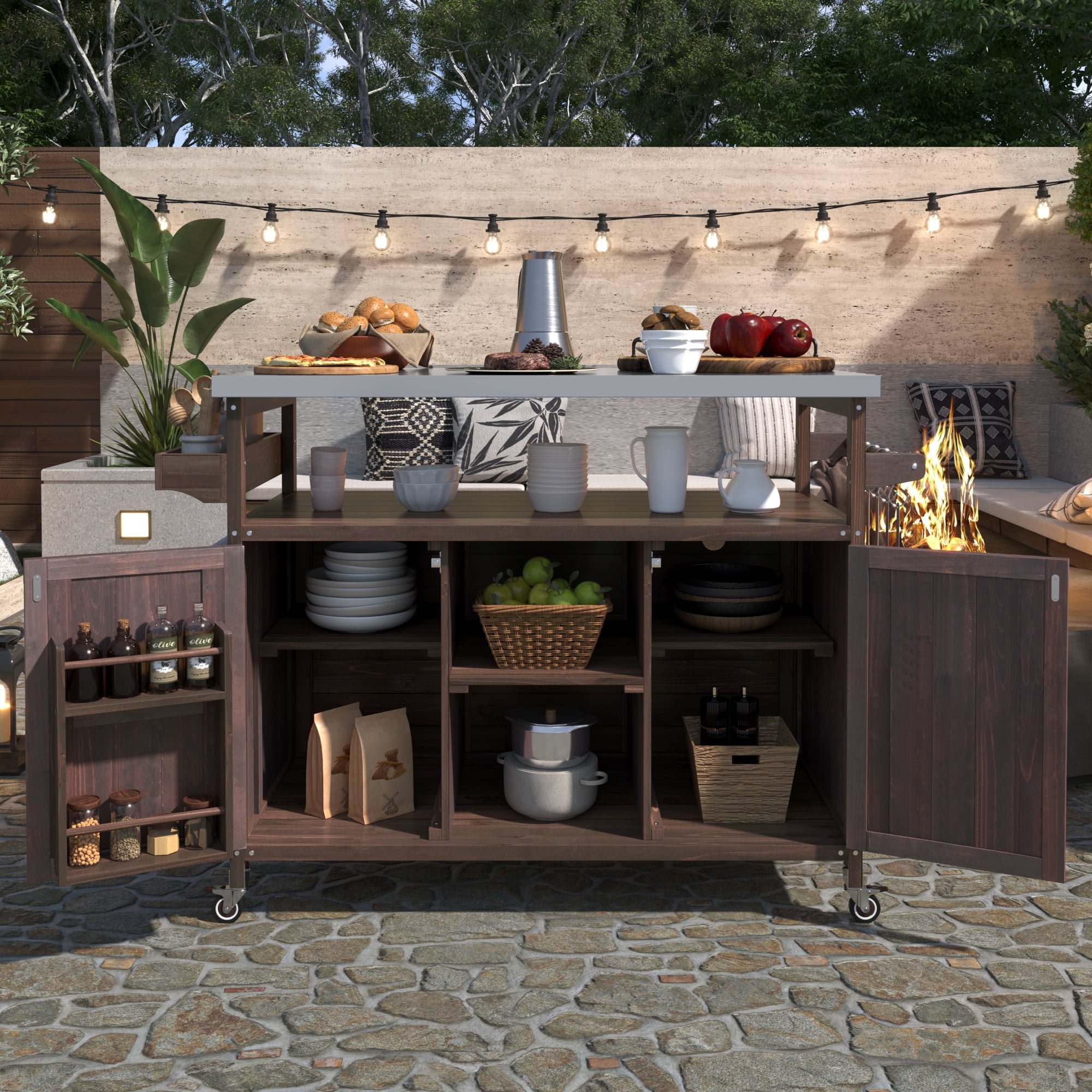 DEALTOPS Outdoor Kitchen Island, Rolling Bar Cart & Storage Cabinet, Farmhouse Solid Wood Outdoor Grill Table with Stainless Steel Top, Spice Rack , Towel Rack for Kitchen & BBQ-Dark Brown