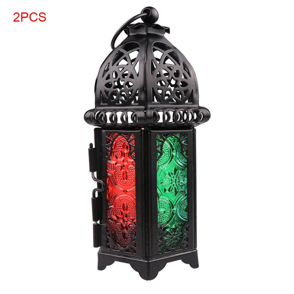 2 Pcs Bougeoir Marocain en Verre Cristal Bougeoir Marocain en Verre Cristal Métal Creux Porte-Bougie Décoration Maison Café Lanterne de Bougie Suspendue en Fer