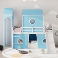 thumbnail image 3 of Twin Size House Loft Bed with Slide and Tent, Wood Twin Over Twin Floor Bunk Bed with Curtains & Tower, Loft Bed Playhouse Bed Frame for Boys and Girls（Blue), 3 of 9