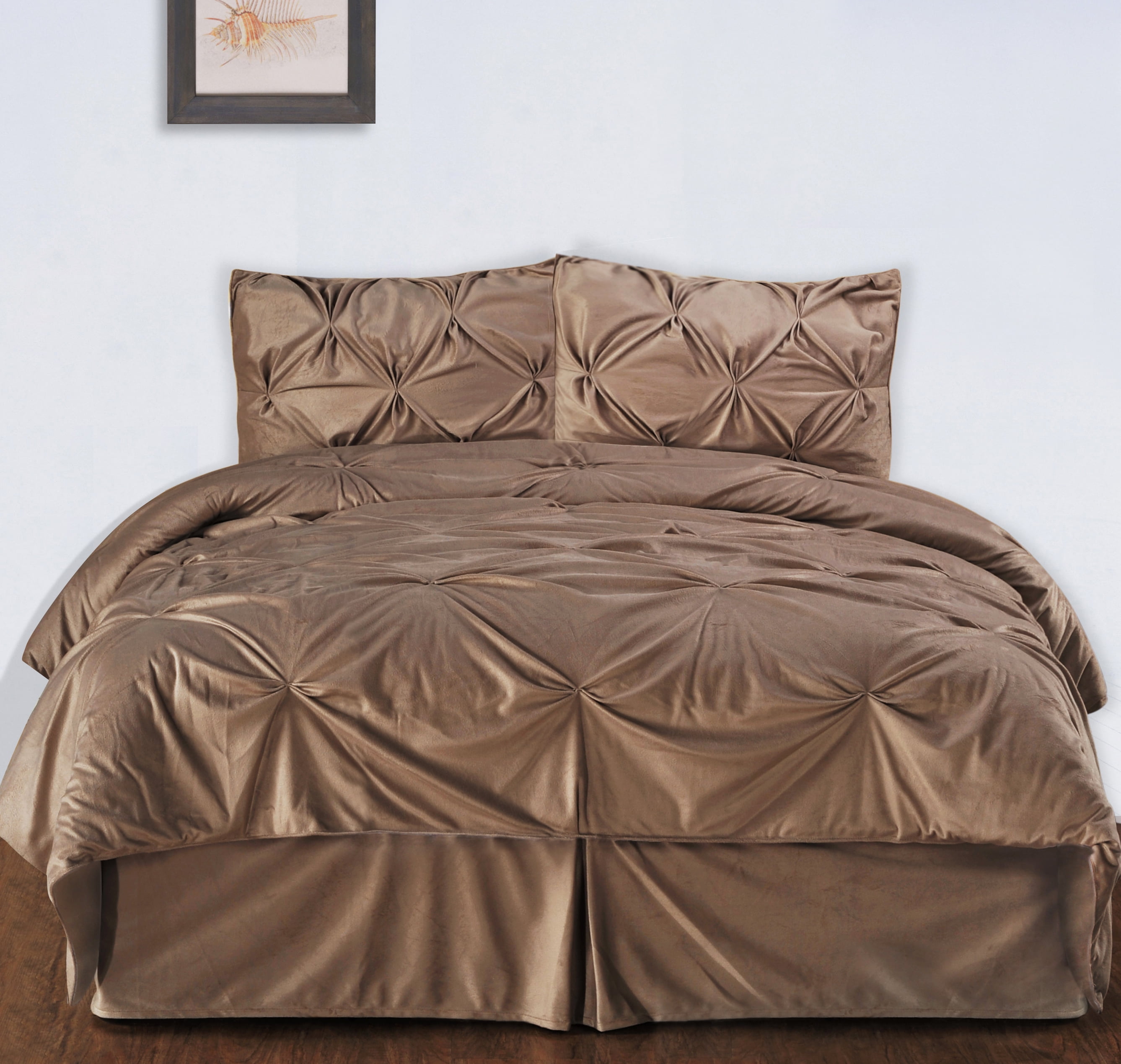 Hudson Street Plush Complete Comforter Set King Pintuck Brown 
