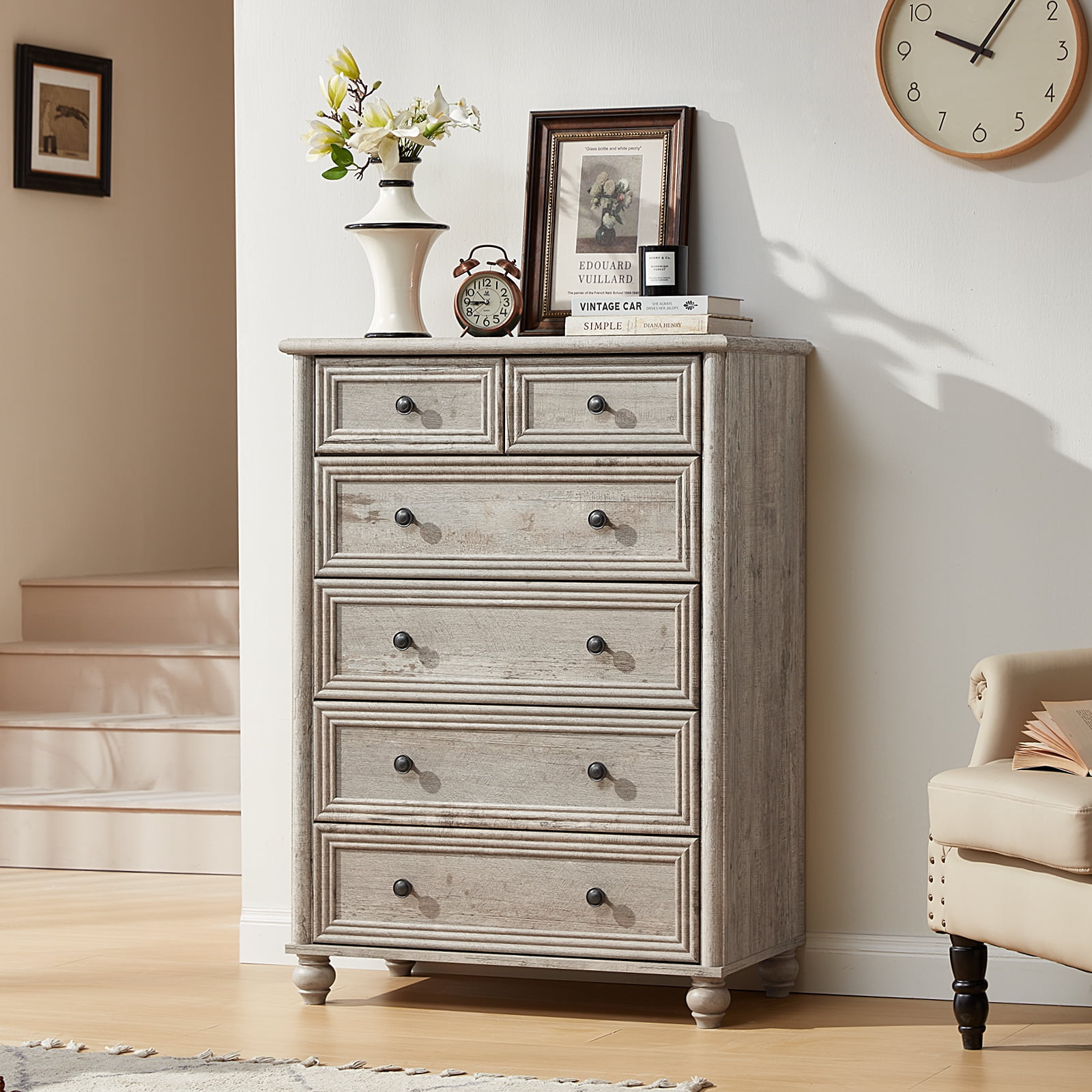 LELELINKY Farmhouse 6 Drawer Dresser, 43.5" Tall Chest of Drawers for Bedroom, Wood Storage Dressers Organizer for Living Room Hallway Closet, Grey