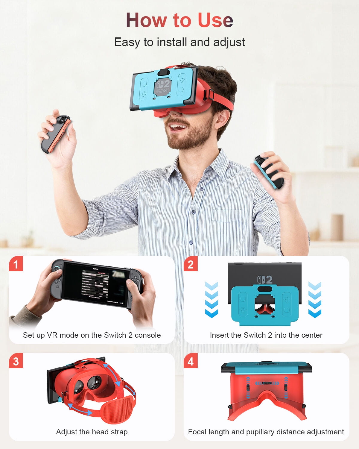 VR Headset with Adjustable HD Lenses, Virtual Reality Glasses
