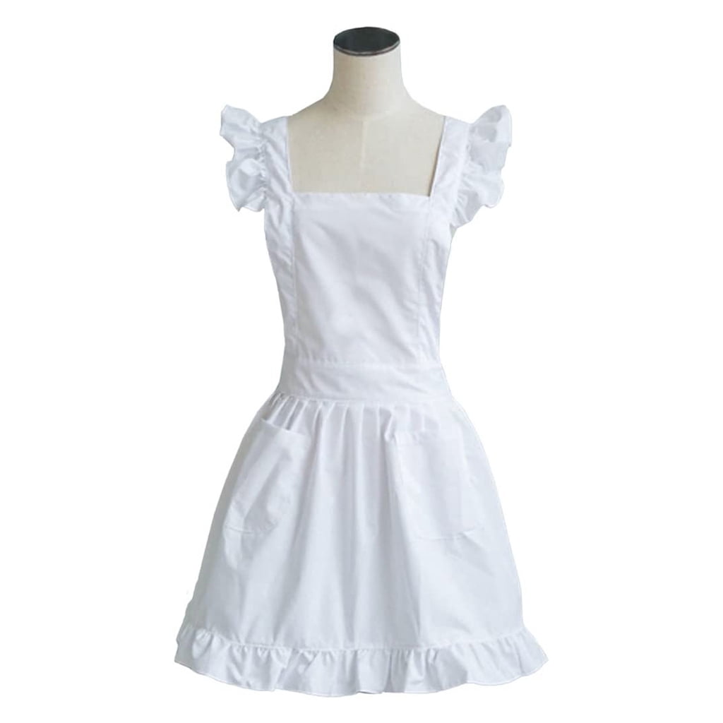 CIYISON Womens Girls Ruffles Outline Retro White Apron with Pockets Adjustable Victorian Bib Maid Cosplay Kitchen Baking Costume