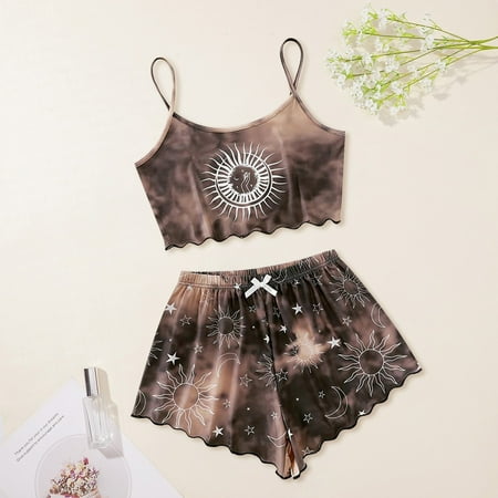 

Clearance Set! YOHOME Women s Summer Printed Camisole Pajama Brown M