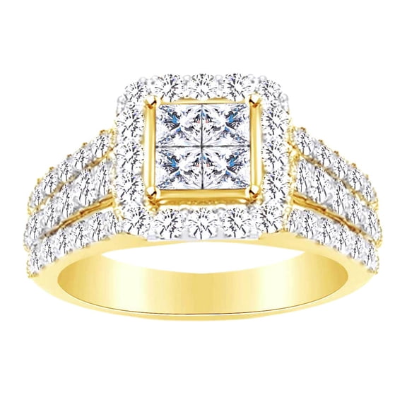 AFFY Princess & Round Cut White Natural Diamond Three Row Engagement Ring In 10k Yellow Gold (1 cttw) Ring Size-4