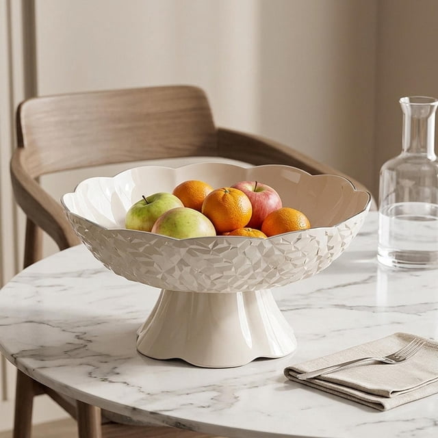 Frutero con pedestal y orificios de drenaje, multiusos, elegante, para servir aperitivos, ideal como centro de mesa para aniversarios o para el hogar. Blanco