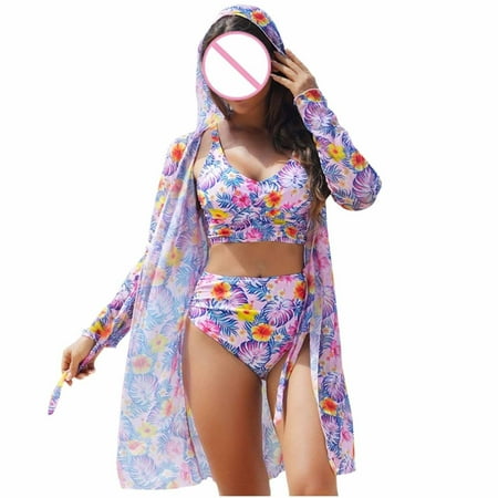 Jamicy Bikini Sets for Women 2025 Summer New Women s Printed 3 Pieces High Waist Bikini Set with Maxi Swimsuit Cover Up