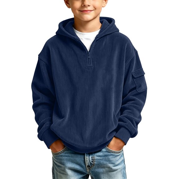 Edvintorg Boys Hoodies Size 10 12 Long Sleeve Corduroy Hooded Sweatshirt Solis Color Quarter Zip Pullover Top Kids Clothes Boys