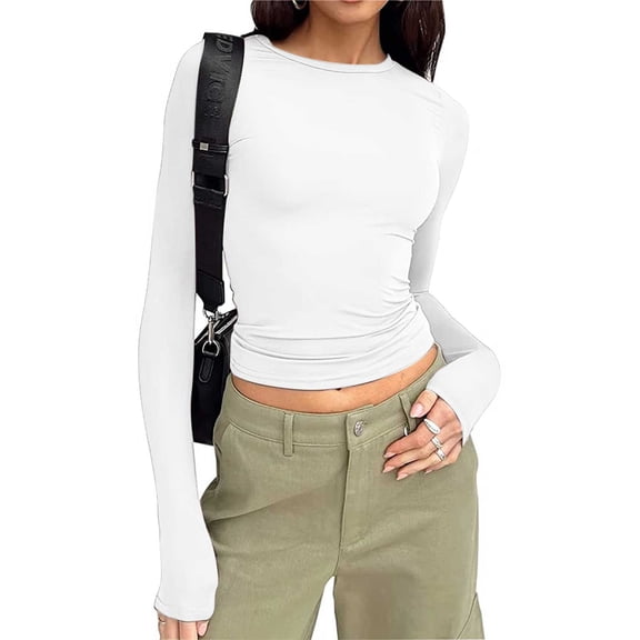 Yxbdin Crop T Shirts for Women Dressy Casual Basic Tee Long Sleeve Shirts Spring Crew Neck Tops Slim Fit Basic Clothes White XL