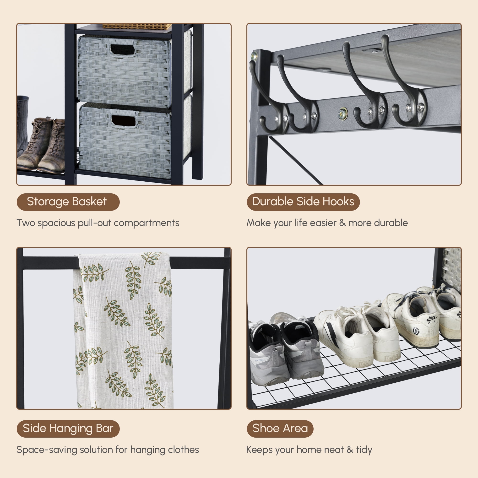 Acacia Wood Garment Racks with Shelves 2 Wicker Drawers and 4 Hooks Heavy Duty Closet Organizer for Hanging Clothes, Freestanding Closet Wardrobe Rack, Light Gray