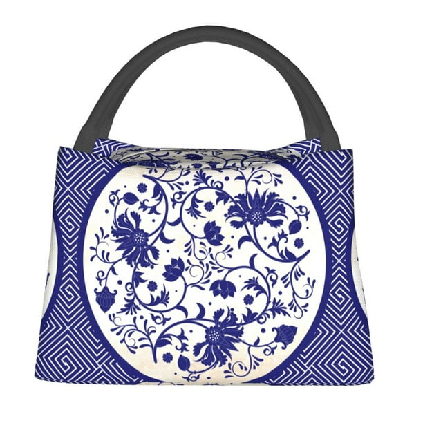 Easygdp Blue And White Porcelain Pattern Bolsa de Almuerzo Insulada Reutilizable, Bolsa de Mano y Bandolera para Oficina, Trabajo, Viajes