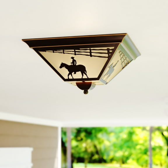 Trail Bronze Rustic Horse Cowboy Square Outdoor Flush Mount Ceiling Light