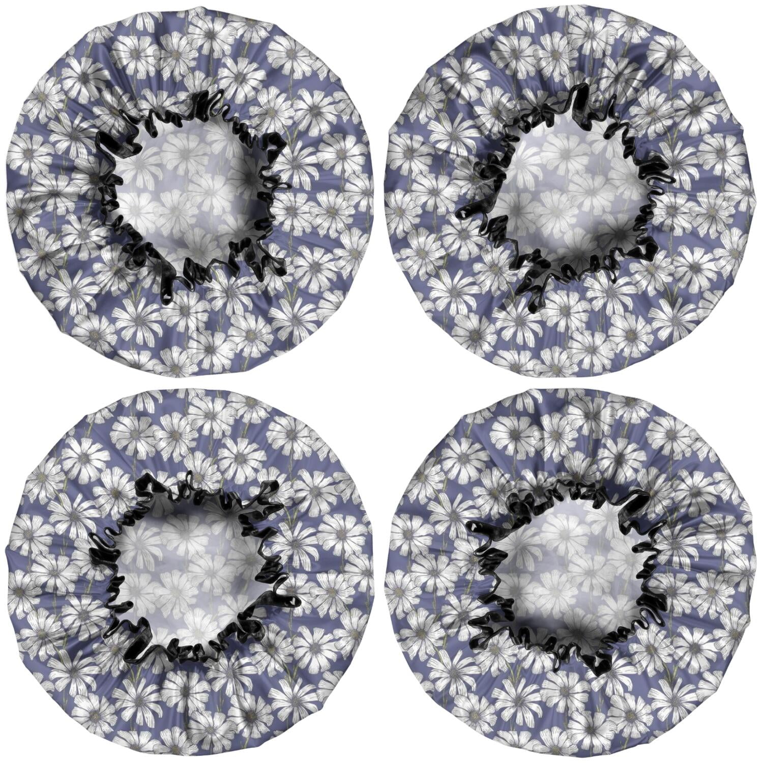 Shower Caps,Blue Daisy Flower Floral Pattern Waterproof Shower Cap for Women 4 Pieces,Double Reusable Hair Cover for Shower PEVA Elastic Stretch Hem