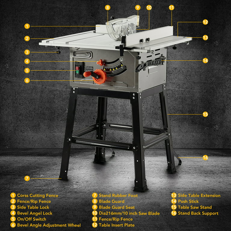 Table Saw, PIONEERWORKS 10 inch 15A 5000RPM Portable Table Saw with Stand &  Safety Switch, Push Stick, 90°Cross Cut & 0-45°Cutting, Multifunctional