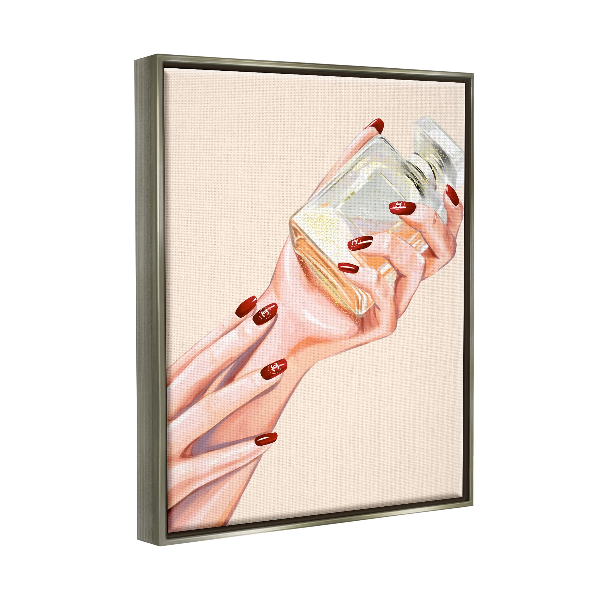 Stupell Industries Chic Red Nail Polish Holding Perfume Bottle Luster Gray Framed Floating Canvas Wall Art, 24x30, by Ziwei Li
