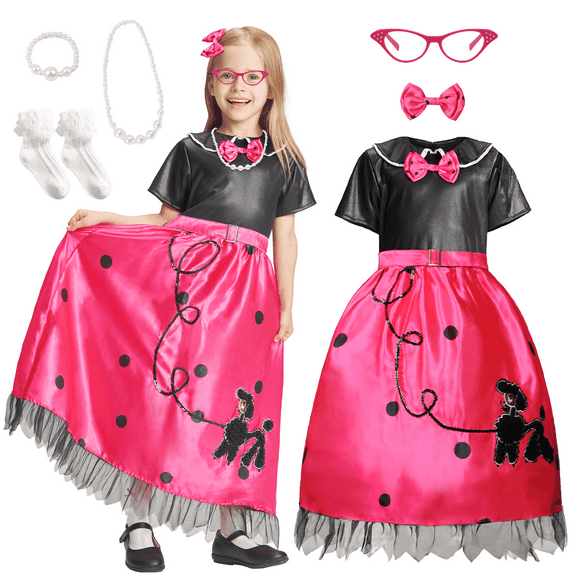 Girls 1950s Costume, 50s 6Pcs Poodle Dress Accessories Outfit for Kids Dress Up Halloween Party Scok Hop 3-4 Years