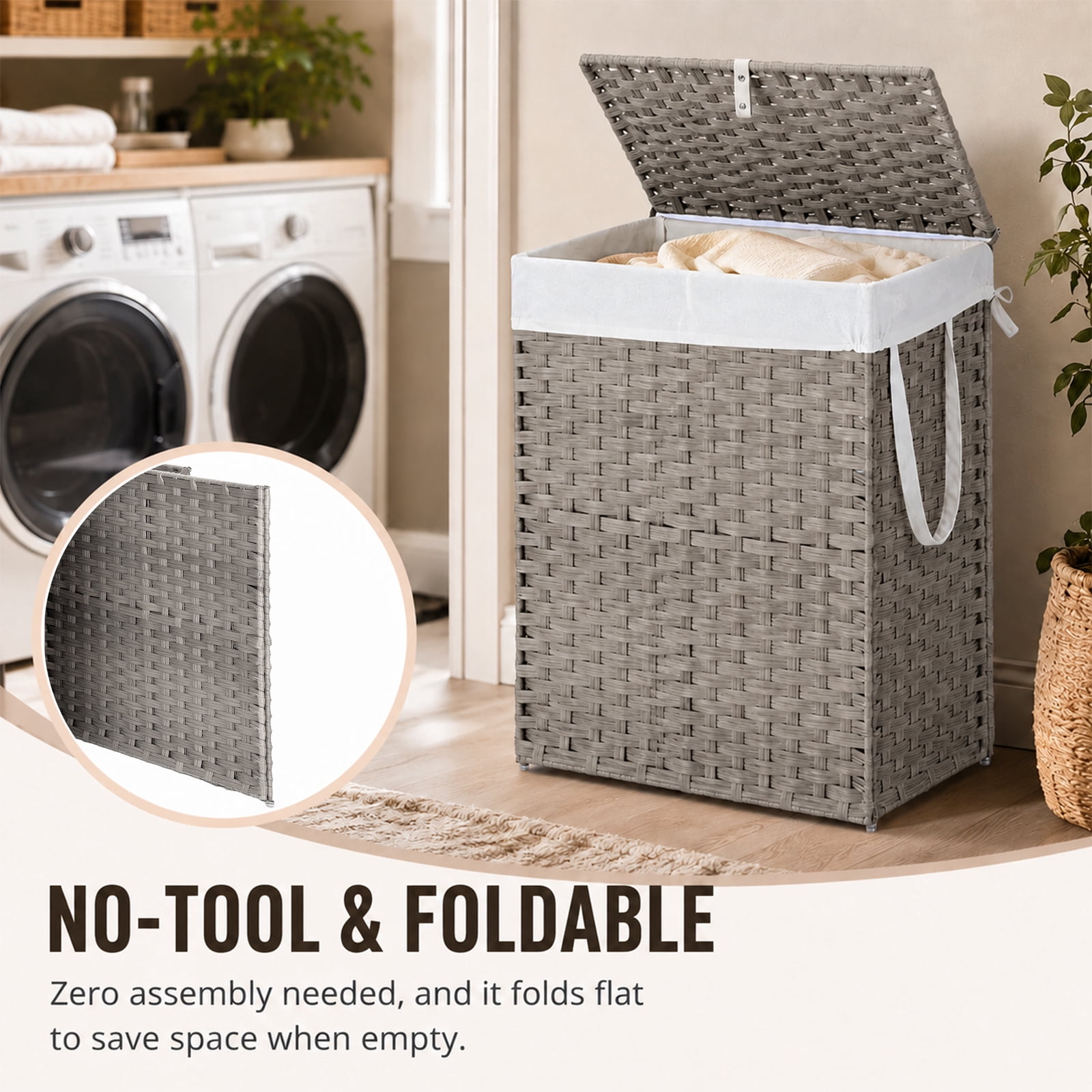 Alvantor 90L/110L Laundry Hamper with Lid, No Install Needed, Synthetic Rattan Clothes Laundry Basket with Lid and Handles, Foldable, Removable Liner, with Handles